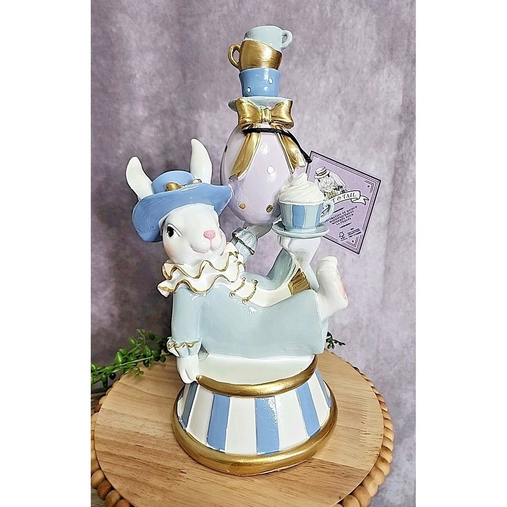 Easter Spring Blue Pastel Mad Hatter Bunny Rabbit Balancing Teacups Figurine 12"
